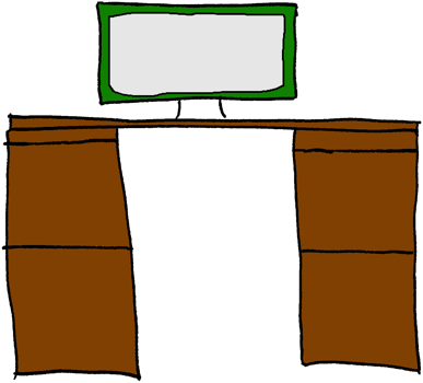 Darwing of an office desk with an computer on top.